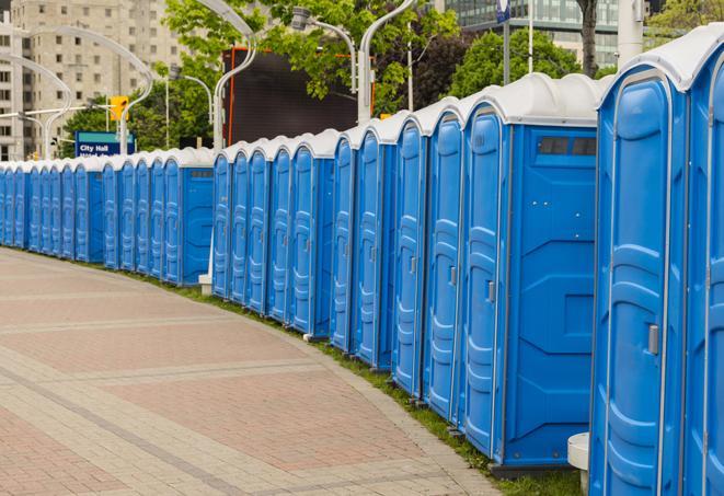 Seasonal porta potty units set up at a Yorba Linda, California venue